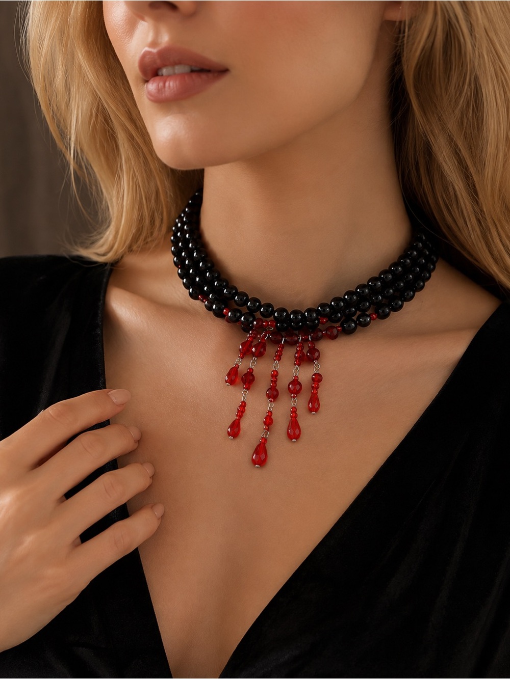 Black Beaded Necklace with Red Teardrop Fringe